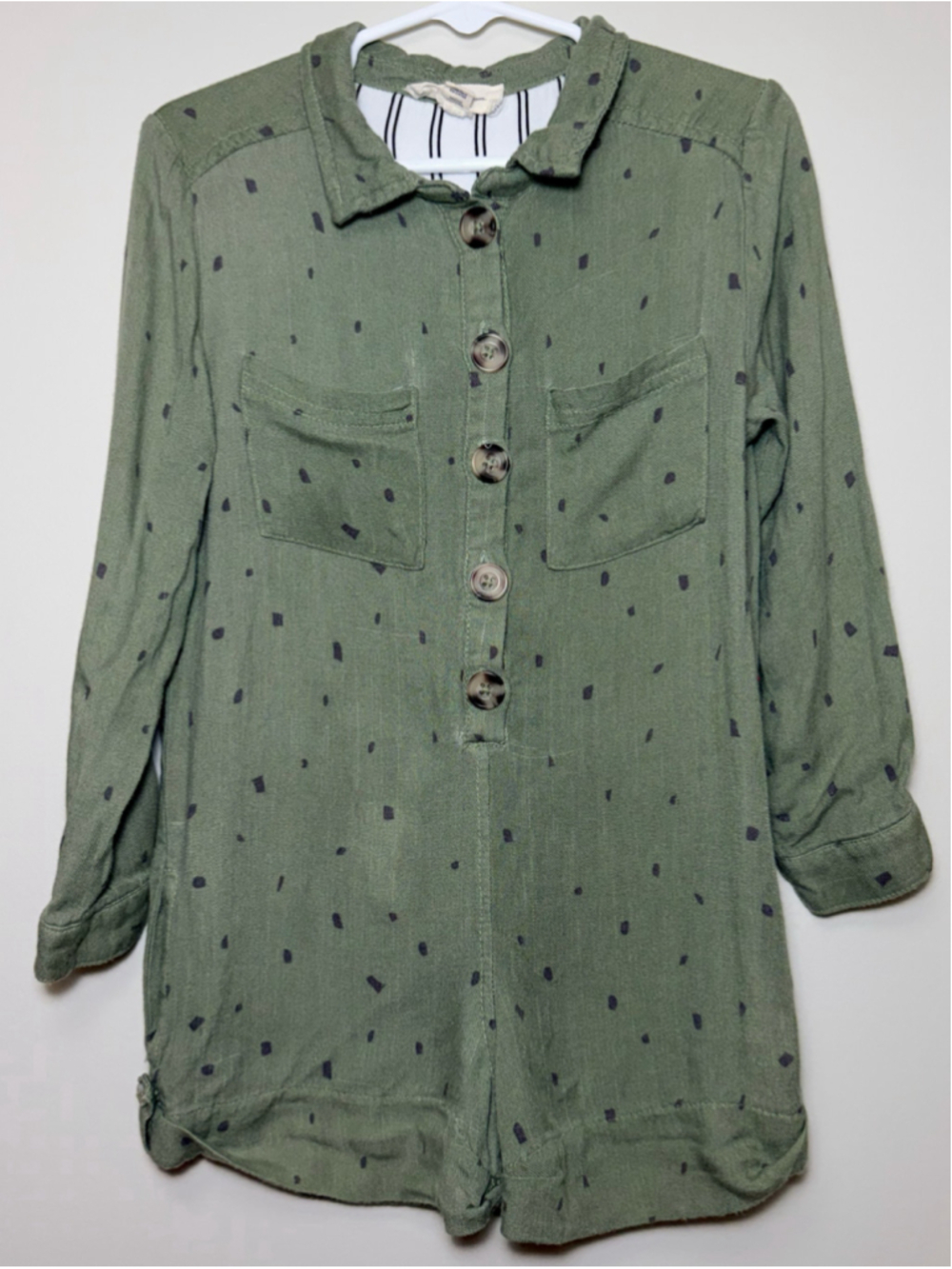 Jessica Simpson Olive Green Black Polka Dot Utility Romper